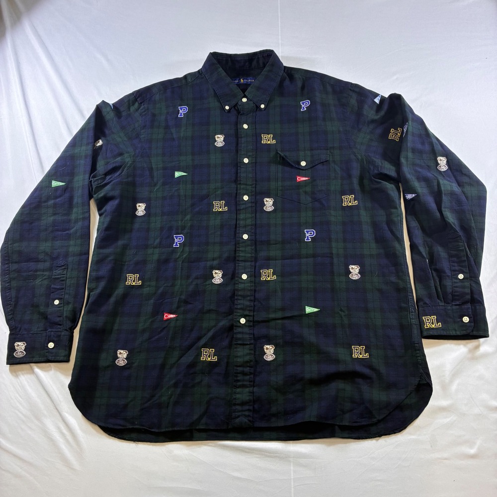 Ralph Lauren Mens XXL Black Watch Plaid Embroidered Bulldog Pennant Shirt XXL